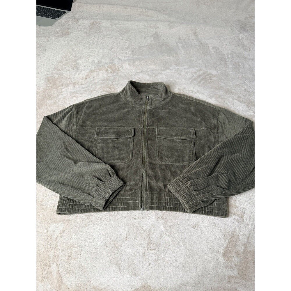 Aerie Olive Green Corduroy Cropped Jacket Full Zip Utility Pockets Size M